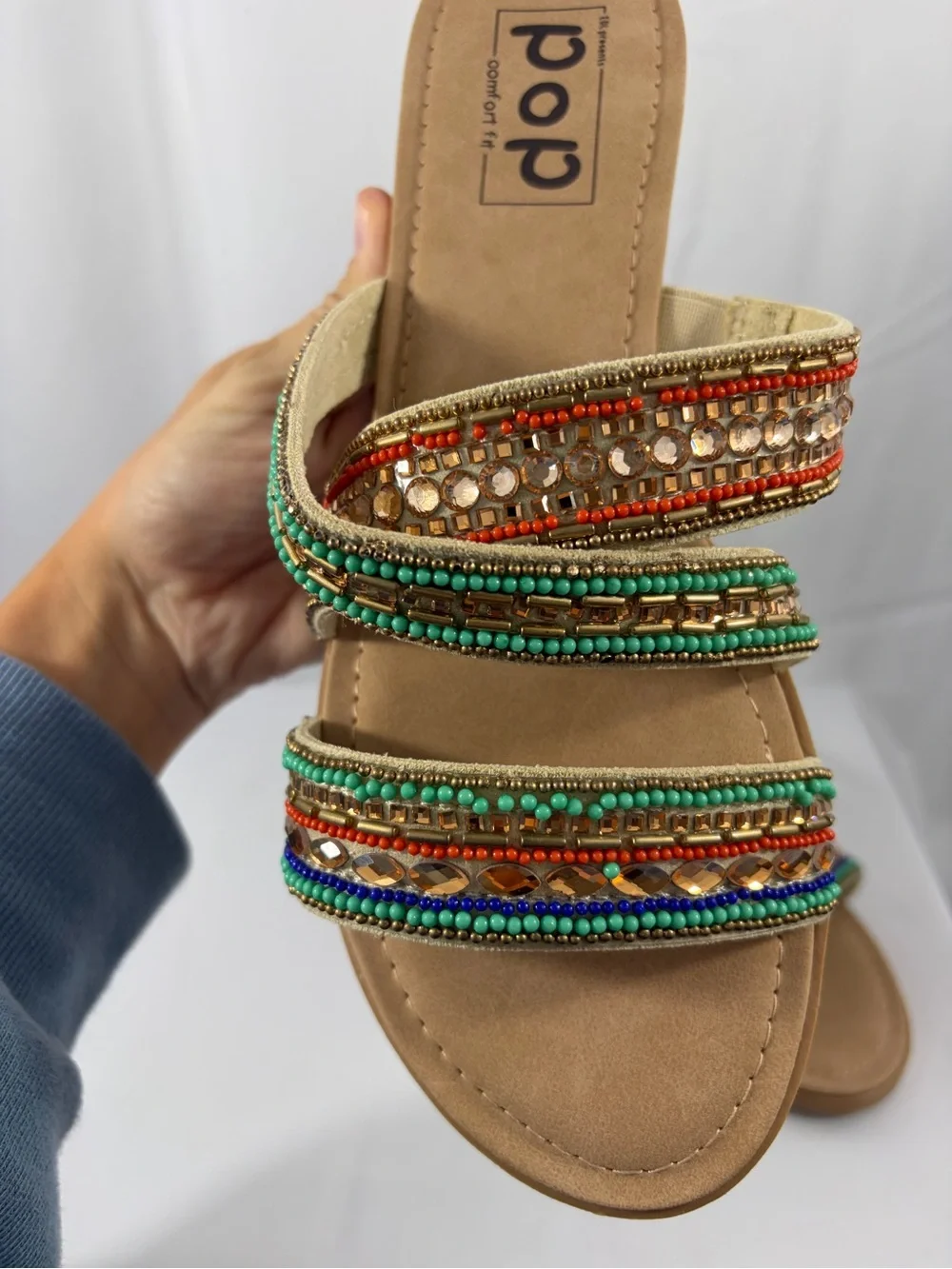 NWT pop Women’s Size 9 Multicolor Beaded Triple-Strap Slide Sandals